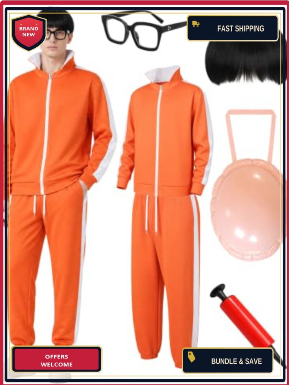 Mens Complete Costume Set Zip Hoodie Pants Wig Fake Belly